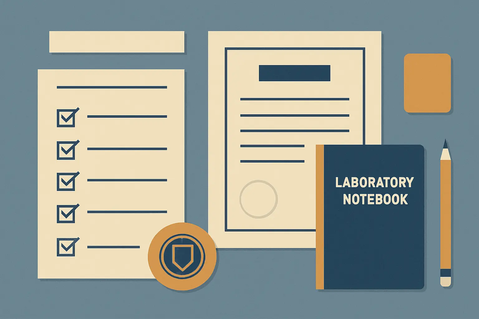 Ilustración editorial del proceso de postulación a una beca de investigación universitaria con documentos académicos, cuaderno de laboratorio y lista de requisitos paso a paso