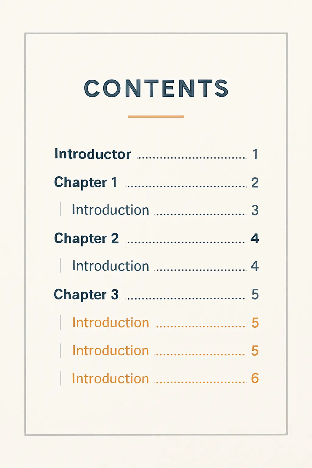 Tabla de contenidos automática en Word con tres niveles de encabezado y líneas de puntos conectando títulos de capítulos con números de página